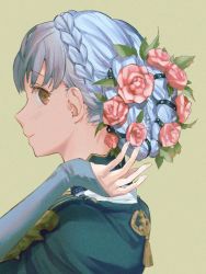 Rule 34 | 1girl, alternate hairstyle, blue capelet, blue hair, blush, braid, brown eyes, capelet, closed mouth, commentary, crown braid, fire emblem, fire emblem: three houses, flower, flower braid, from side, hair flower, hair ornament, kh (tanakananataka), leaf, long sleeves, looking at viewer, marianne von edmund, nintendo, pink flower, pink rose, rose, signature, simple background, smile, solo