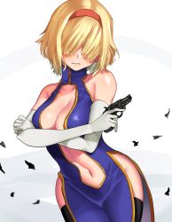 Rule 34 | 1girl, absurdres, alice margatroid, alternate costume, black thighhighs, blue dress, breasts, china dress, chinese clothes, cleavage, cleavage cutout, closed mouth, clothing cutout, commentary request, cookie (touhou), cowboy shot, crossed arms, dress, elbow gloves, expressionless, gloves, gun, hair between eyes, hair over eyes, hairband, handgun, highres, holding, holding gun, holding weapon, jigen (cookie), koiso usu, medium breasts, navel, navel cutout, no panties, red hairband, revolver, short hair, side slit, solo, thighhighs, touhou, weapon, white gloves