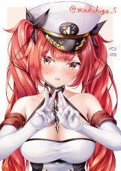 Rule 34 | 1girl, absurdres, artist name, azur lane, bare shoulders, between breasts, breasts, chain, cleavage, collar, double v, elbow gloves, gloves, hat, highres, honolulu (azur lane), large breasts, long hair, looking at viewer, makihige, metal collar, military hat, necktie, necktie between breasts, orange eyes, peaked cap, red hair, roman numeral, simple background, solo, twintails, upper body, v, white background, white gloves, white hat