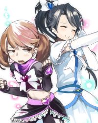 Rule 34 | 2girls, alternate costume, black gloves, black hair, brooch, brown eyes, brown hair, choker, clenched hands, closed eyes, commentary request, cosplay, elbow gloves, fingerless gloves, gloves, hair ornament, heart, heart brooch, houshou (kancolle), jewelry, kantai collection, long hair, magical girl, multiple girls, ponytail, ryuujou (kancolle), smile, twintails, uni (uni-strain), white gloves