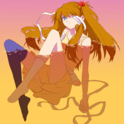 Rule 34 | 1girl, afloat, asymmetrical clothes, bandage over one eye, bandages, bare shoulders, black thighhighs, blue eyes, different socks, dress, floating, lcl, long hair, mimana, neon genesis evangelion, red hair, single thighhigh, skirt, socks, solo, souryuu asuka langley, thighhighs, yellow dress, yellow skirt