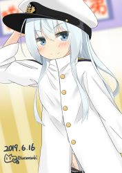 Rule 34 | 1girl, admiral (kancolle) (cosplay), admiral (kancolle), blue eyes, commentary request, cosplay, dated, doyagao, hat, hibiki (kancolle), highres, kantai collection, long hair, shiruhino, silver hair, smirk, smug, solo, twitter username