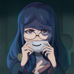 Rule 34 | 1girl, blue hair, breasts, choker, cleavage, crying, eyebrows, false smile, glasses, highres, holding, holding paper, little witch academia, long hair, long sleeves, looking at viewer, medium breasts, pale skin, paper, red eyes, smile, solo, toasty scones, upper body, ursula callistis