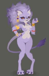 Rule 34 | 1girl, absurdres, alternate form, animal ears, armlet, black sclera, bracelet, breasts, cat ears, cat girl, cat tail, chibi, claws, colored sclera, earrings, fangs, furry, highres, isabella (seiken densetsu 3), jewelry, necklace, no nipples, no pussy, purple fur, purple hair, red eyes, ring, seiken densetsu, seiken densetsu 3, slit pupils, tail, tenzide