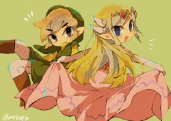 Rule 34 | 1boy, 1girl, artist name, back, belt, blonde hair, blue eyes, blush, closed mouth, commentary request, dress, floating hair, full body, gloves, jewelry, link, long hair, looking up, multicolored hair, multiple persona, necklace, nintendo, open mouth, pink dress, princess zelda, skirt hold, the legend of zelda, the legend of zelda: spirit tracks, the legend of zelda: the wind waker, tiara, tokuura, toon link, toon zelda