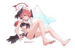 Rule 34 | 1girl, absurdres, barefoot, bikini, black bikini, black bow, black nails, black wings, blue archive, bow, breasts, closed mouth, commentary, feathered wings, feet, floral print, front-tie bikini top, front-tie top, hair between eyes, hair bow, halo, hand up, head wings, highres, innertube, knees up, koharu (blue archive), koharu (swimsuit) (blue archive), liwendala, long hair, low twintails, low wings, nail polish, official alternate costume, pink eyes, pink hair, pink halo, print bikini, simple background, sitting, small breasts, soles, solo, spaghetti strap, swim ring, swimsuit, toenail polish, toenails, toes, twintails, underboob, white background, wings
