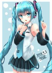 Rule 34 | 10s, 1girl, 2016, absurdres, aqua eyes, aqua hair, artist name, bad id, bad pixiv id, dated, detached sleeves, hatsune miku, headset, highres, kaieee, long hair, looking at viewer, necktie, open mouth, skirt, solo, twintails, very long hair, vocaloid