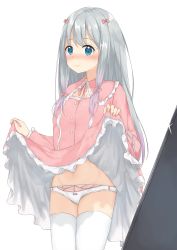 Rule 34 | 10s, 1girl, blue eyes, blush, bow, bow panties, buttons, closed mouth, clothes lift, commentary request, cowboy shot, dress, dress lift, eromanga sensei, frilled dress, frilled sleeves, frills, frown, gradient hair, hair bow, highres, izumi sagiri, legs together, lips, long hair, long sleeves, looking at viewer, low-tied long hair, mirai (mirai76 ), mirror, multicolored hair, navel, nose blush, panties, pink bow, sidelocks, silver hair, simple background, solo, standing, stomach, tareme, thighhighs, underwear, very long hair, white background, white panties, white thighhighs