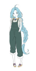 Rule 34 | ahoge, blue eyes, blue hair, braid, eyebrows, full body, granblue fantasy, long hair, looking at viewer, lyria (granblue fantasy), mifuta, overalls, simple background, single braid, smile, solo, standing, very long hair, white background