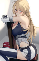 Rule 34 | 1girl, absurdres, american flag legwear, asymmetrical legwear, black gloves, blonde hair, blue eyes, blush, breasts, chair, cleavage, closed mouth, fingerless gloves, front-tie top, garter straps, gloves, hair between eyes, highres, iowa (kancolle), kantai collection, large breasts, light smile, long hair, mismatched legwear, pallad, sitting, solo, star-shaped pupils, star (symbol), symbol-shaped pupils, thighhighs