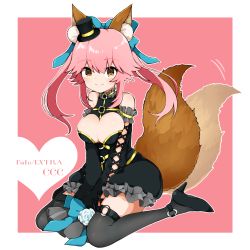 Rule 34 | 10s, 1girl, animal ear fluff, animal ears, bare shoulders, black footwear, black thighhighs, blue bow, bow, breasts, cleavage, cleavage cutout, clothing cutout, copyright name, detached sleeves, fate/extra, fate/extra ccc, fate (series), flower, fox ears, fox tail, full body, hair bow, happy, hat, heart, high heels, highres, large breasts, long hair, long sleeves, looking at viewer, mini hat, mini top hat, o-ring, official alternate costume, pink hair, rose, shoes, sitting, sleeves past fingers, sleeves past wrists, smile, solo, tail, tail wagging, takae (poupee en biscuit), tamamo (fate), tamamo no mae (fate/extra), tamamo no mae (sable mage) (fate), thighhighs, top hat, wariza, white flower, white rose, yellow eyes