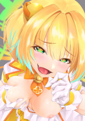 1girl absurdres aqua_hair blonde_hair bombergirl bow bowtie breasts close-up cross-shaped_pupils dress fangs gloves grabbing_own_breast green_eyes grenade_hair_ornament hair_between_eyes hair_ornament hand_to_own_mouth hesoten highres large_breasts looking_at_viewer looking_up multicolored_hair nipples open_clothes open_dress open_mouth orange_bow orange_bowtie pine_(bombergirl) short_hair short_sleeves smug solo streaked_hair symbol-shaped_pupils white_gloves