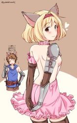 Rule 34 | 10s, 1boy, 1girl, akari seisuke, animal ears, ass, back, backless outfit, bare back, blonde hair, blush, breasts, brown hair, brown thighhighs, cat ears, commentary request, djeeta (granblue fantasy), dress, erune, fighter (granblue fantasy), gran (granblue fantasy), granblue fantasy, hairband, heart, highres, kemonomimi mode, looking back, pink dress, short dress, short hair, sideboob, small breasts, smile, thighhighs, translation request, twitter username, zettai ryouiki