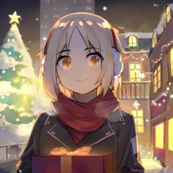 Rule 34 | 1girl, black jacket, brown eyes, building, christmas, christmas ornaments, christmas tree, closed mouth, commentary, earmuffs, english commentary, gift, girls&#039; frontline, head tilt, hentaki, holding, holding gift, jacket, light brown hair, looking at viewer, mp40 (girls&#039; frontline), night, outdoors, parted bangs, red scarf, scarf, sidelocks, skyscraper, smile, snow, snowflakes, solo, upper body, watermark, web address