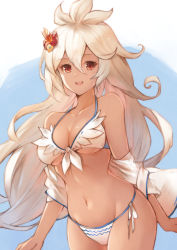 Rule 34 | 1girl, bad id, bad pixiv id, bare shoulders, bikini, breasts, cleavage, collarbone, commentary request, cowboy shot, dark-skinned female, dark skin, flower, front-tie bikini top, front-tie top, granblue fantasy, groin, hair between eyes, hair flower, hair ornament, halterneck, highres, koretsuki azuma, large breasts, long hair, looking at viewer, navel, off shoulder, open clothes, open mouth, open shirt, red eyes, red flower, silver hair, smile, solo, stomach, swimsuit, very long hair, white bikini, zooey (granblue fantasy), zooey (summer) (granblue fantasy)