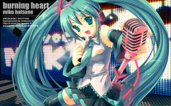 Rule 34 | 1girl, bad id, bad pixiv id, blush, detached sleeves, green eyes, green hair, hatsune miku, long hair, mame-p, matching hair/eyes, microphone, microphone stand, necktie, skirt, solo, thighhighs, twintails, very long hair, vocaloid, wallpaper