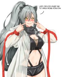 Rule 34 | 1girl, absurdres, animal ears, arknights, black scarf, black shorts, blush, breasts, cat ears, cleavage, commentary, cowboy shot, crop top, english commentary, grey hair, hair between eyes, hands up, highres, jacket, large breasts, long hair, long sleeves, looking at viewer, midriff, navel, open clothes, open jacket, scarf, schwarz (arknights), short shorts, shorts, smile, solo, standing, stomach, symmetricturd, very long hair, white jacket, yellow eyes