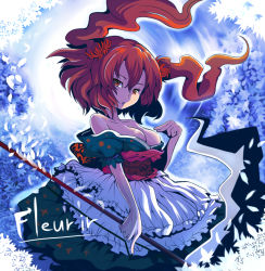 Rule 34 | 1girl, bare shoulders, breasts, cleavage, female focus, floating hair, hair bobbles, hair ornament, md5 mismatch, medium breasts, obi, off shoulder, onozuka komachi, red eyes, red hair, resolution mismatch, ryuno, sash, scythe, short hair, solo, source smaller, touhou, twintails, two side up