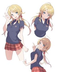 Rule 34 | 1girl, :p, absurdres, ahoge, black shirt, blonde hair, blue eyes, collage, commentary request, eitopondo, hachimiya meguru, hair ornament, hairclip, highres, idolmaster, idolmaster shiny colors, licking lips, looking at viewer, looking back, low twintails, miniskirt, multiple views, plaid, plaid skirt, pleated skirt, polo shirt, school uniform, shirt, short sleeves, simple background, skirt, solo, tongue, tongue out, twintails, white background