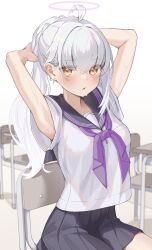 Rule 34 | 1girl, absurdres, ahoge, armpits, arms behind head, arms up, black sailor collar, black skirt, breasts, brown eyes, chair, commentary request, desk, grey hair, halo, highres, kopaka (karda nui), long hair, looking at viewer, neckerchief, on chair, original, parted lips, pleated skirt, ponytail, purple neckerchief, sailor collar, school chair, school desk, school uniform, serafuku, shirt, skirt, small breasts, solo, sweat, very long hair, white shirt