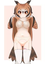 Rule 34 | 1girl, bird tail, black hair, blush, bra, breasts, brown background, brown eyes, brown hair, brown sweater, cleavage, cleft of venus, clothes lift, commentary request, eurasian eagle owl (kemono friends), female masturbation, garter belt, gloves, highres, illu (illu stratos), kemono friends, light frown, looking at viewer, masturbation, medium breasts, multicolored hair, navel, no panties, owl ears, owl girl, owl tail, pussy, sex toy, short hair, simple background, solo, straight-on, streaked hair, sweater, sweater lift, tail, thighhighs, uncensored, underwear, vibrator, vibrator in thighhighs, white bra, white gloves, white hair, white thighhighs