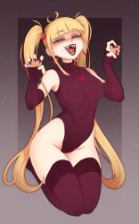 Rule 34 | 1girl, black leotard, black lips, black nails, black thighhighs, blonde hair, blush, breasts, claw pose, commentary, crescent, crescent earrings, crescent necklace, earrings, elbow gloves, english commentary, face, fangs, fingerless gloves, fingernails, gloves, highleg, highleg leotard, highres, jewelry, justrube, kneeling, leotard, lips, long hair, looking at viewer, multiple rings, nail polish, necklace, open mouth, original, ring, seiza, sharp fingernails, signature, sitting, slit pupils, smile, solo, star (symbol), starry background, thighhighs, tongue, twintails, vampire