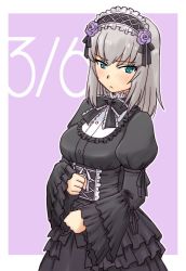 Rule 34 | 1girl, alternate costume, black bow, black bowtie, black dress, black hairband, blue eyes, blush, bow, bowtie, clenched hands, closed mouth, commentary, dated, dress, flower, frown, girls und panzer, gothic lolita, hairband, half-closed eyes, high collar, itsumi erika, juliet sleeves, layered dress, layered sleeves, lolita fashion, lolita hairband, long dress, long sleeves, looking at viewer, medium hair, outline, outside border, puffy sleeves, purple background, purple flower, silver hair, solo, standing, uona telepin, white outline, wide sleeves