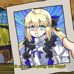 Rule 34 | 1girl, absurdres, ahoge, armor, black bow, black gloves, blonde hair, blue cloak, blue eyes, bow, breastplate, cape, cloak, double v, ebora, english text, fate/grand order, fate (series), gloves, highres, long hair, looking at viewer, parody, photo (object), smile, solo, spongebob squarepants (series), aesc (fate), v