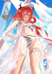 Rule 34 | 1girl, absurdres, arknights, bikini, black bikini, blue nails, blue sky, can, cowboy shot, detached sleeves, drink, frown, hair ornament, highres, holding, holding can, holding drink, horns, long hair, nail polish, procreate (medium), purple eyes, red hair, sarong, sky, sodiumcc, solo, star (symbol), star hair ornament, surtr (arknights), surtr (colorful wonderland) (arknights), swimsuit, swimsuit cover-up, thigh strap