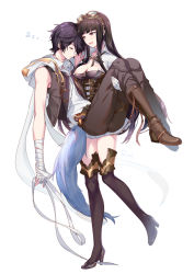 Rule 34 | 1boy, 1girl, :d, aki663, ayer, bandages, bandaged arm, bandages, black hair, boots, brother and sister, brown hair, carrying, commentary, gloves, goggles, goggles on head, granblue fantasy, jessica (granblue fantasy), long hair, open mouth, pants, princess carry, short hair, siblings, smile, thighhighs, white gloves, zzz