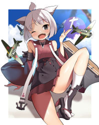 Rule 34 | 1girl, ;d, aircraft, airplane, animal ears, arm behind back, azur lane, bare shoulders, blue sky, blurry, blush, cat ears, day, depth of field, detached sleeves, dot nose, eyebrows, eyelashes, facing viewer, fang, flat chest, flight deck, geta, grey eyes, haori, japanese clothes, kurogoma (haruhi3), lens flare, long sleeves, looking at viewer, miniskirt, one eye closed, one side up, open mouth, outdoors, palm tree, pleated skirt, red ribbon, red skirt, ribbon, shikigami, shiny skin, short hair, shouhou (azur lane), sitting, skirt, sky, smile, socks, solo, spread legs, tongue, tree, tsurime, turret, white hair, white socks, wide sleeves