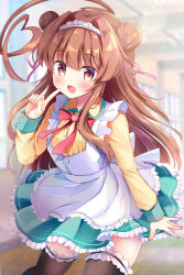Rule 34 | 1girl, ahoge, alternate costume, apron, bad id, bad pixiv id, black thighhighs, blouse, blue skirt, blush, brown eyes, brown hair, commentary, double bun, fang, frilled apron, frilled skirt, frills, hair bun, hair ribbon, heart, heart ahoge, highres, huge ahoge, indoors, kantai collection, kuma (kancolle), long hair, long sleeves, maid, maid headdress, masayo (gin no ame), neck ribbon, open mouth, red ribbon, ribbon, shirt, skin fang, skirt, smile, solo, thighhighs, white apron, yellow shirt