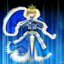 Rule 34 | 1girl, ahoge, armor, armored dress, artoria pendragon (fate), avalon (fate/stay night), blonde hair, cape, crown, dress, excalibur (fate/stay night), fate/stay night, fate (series), fur cape, gauntlets, green eyes, neco (necocan), planted sword, planted, saber (fate), sheath, sheathed, solo, sword, weapon
