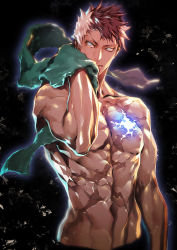 Rule 34 | 1boy, arm at side, black hair, fate/grand order, fate (series), glowing, glowing injury, glowing scar, hand up, holding, holding towel, looking at viewer, male focus, manly, miwa shirow, multicolored hair, muscular, nipples, pectorals, scar, scar on chest, sigurd (fate), solo, stomach, topless male, towel, two-tone hair, upper body, white eyes, white hair