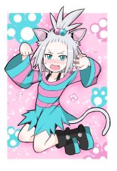 Rule 34 | 1girl, animal ears, bike shorts, blue eyes, blush, boots, bra strap, cat, cat ears, cat tail, creatures (company), dress, emapippi, fang, forehead, freckles, game freak, gym leader, hair bobbles, hair ornament, highres, nintendo, oversized clothes, paw print, paw print background, pokemon, pokemon bw2, roxie (pokemon), solo, strapless, strapless dress, striped clothes, striped dress, tail, topknot, white hair