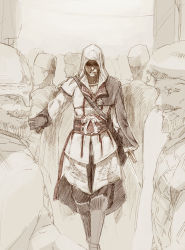 Rule 34 | 1boy, assassin&#039;s creed, assassin&#039;s creed (series), assassin&#039;s creed ii, brown theme, cape, concealed weapon, ezio auditore da firenze, gloves, hood, male focus, manly, monochrome, shihou (g-o-s), sketch, solo, vambraces, weapon