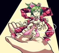 Rule 34 | 1girl, bow, bridal garter, closed mouth, commentary, dancing, earrings, english commentary, fire emblem, fire emblem: genealogy of the holy war, green eyes, green hair, hair bow, jewelry, legband, lene (fire emblem), midriff, mini person, minigirl, navel, nintendo, pelvic curtain, pink bow, red scarf, sandals, scarf, setz, smile, solo, solo focus, standing, standing on one leg