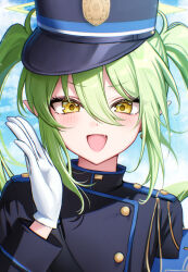 Rule 34 | 1girl, black hat, black jacket, blue archive, blush, buttons, fang, gloves, green hair, green halo, halo, hat, highres, jacket, lie 07, long hair, long sleeves, nozomi (blue archive), open mouth, peaked cap, skin fang, smile, solo, twintails, white gloves, yellow eyes