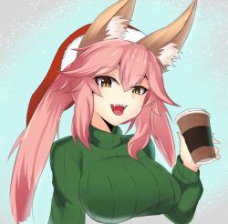 Rule 34 | 10s, 1girl, :d, animal ears, breasts, casual, coffee cup, cup, disposable cup, fang, fate/extra, fate/grand order, fate (series), fox ears, green sweater, hair between eyes, hat, holding, holding cup, impossible clothes, impossible sweater, large breasts, long hair, looking at viewer, open mouth, pink hair, santa hat, slit pupils, smile, solo, steam captein, sweater, sweater vest, tamamo (fate), tamamo no mae (fate/extra), turtleneck, turtleneck sweater, yellow eyes
