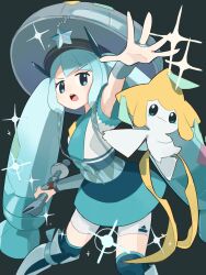 Rule 34 | 1girl, :o, commentary request, creatures (company), dress, eyelashes, game freak, gen 3 pokemon, green eyes, green hair, green headwear, hat, hatsune miku, highres, holding, holding instrument, instrument, jirachi, kanno (kan save), legendary pokemon, long hair, mythical pokemon, nintendo, open mouth, pokemon, pokemon (creature), project voltage, short sleeves, shorts, steel miku (project voltage), teeth, thighhighs, tongue, twintails, upper teeth only, vocaloid