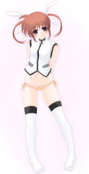Rule 34 | 00s, 1girl, arms behind back, bare shoulders, blush, brown hair, brown panties, frapowa, looking at viewer, lyrical nanoha, mahou shoujo lyrical nanoha, panties, pink background, red eyes, simple background, solo, standing, takamachi nanoha, twintails, underwear, vest