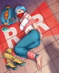 Rule 34 | 1girl, abduction, absurdres, ass, barefoot, bdsm, belly, blue eyes, blue hair, bondage, bound, bound ankles, bound wrists, breasts, bulma, cleavage, cloth gag, denim, dragon ball, dragon ball (object), dragon ball super, dragon radar, earrings, feet, gag, gagged, highres, improvised gag, jeans, jewelry, kidnapped, lipstick, lost one zero, makeup, navel, over the nose gag, pants, shadow, shirt, shoes, unworn shoes, tape, tape bondage, toes, white shirt