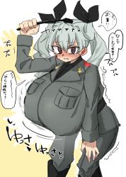 Rule 34 | 1girl, @ @, anchovy (girls und panzer), anzio military uniform, bad id, bad twitter id, blush, breasts, brown eyes, gigantic breasts, girls und panzer, green hair, hair ribbon, hand on own thigh, hand up, highres, leaning forward, looking at viewer, ribbon, riding crop, solo, text focus, toku (yhpv8752), translation request, twintails