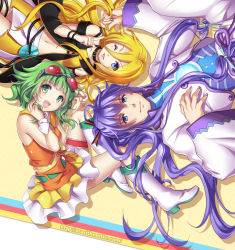 Rule 34 | 1boy, 2girls, ;), bare shoulders, blonde hair, blue eyes, boots, bracelet, cd, goggles, goggles on headwear, green eyes, green hair, gumi, japanese clothes, jewelry, kamui gakupo, knee boots, lily (vocaloid), long hair, lying, midriff, multiple girls, nacht (nacht 01), nail polish, navel, on back, one eye closed, ponytail, purple hair, purple nails, smile, thighlet, vocaloid, watermark, white footwear, wrist cuffs