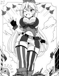 Rule 34 | aircraft, airplane, american flag, breasts, fighter jet, garter straps, giant, giantess, gloves, greyscale, hank88, highres, iowa (kancolle), jet, kantai collection, large breasts, long hair, midriff, military, military vehicle, monochrome, motor vehicle, one eye closed, panties, parade, skirt, smile, star-shaped pupils, star (symbol), symbol-shaped pupils, tank, underwear, waving