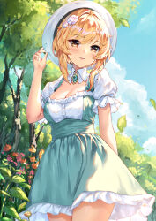 Rule 34 | 1girl, beret, blonde hair, blue skirt, blue sky, blush, breasts, brown eyes, brown flower, chahei, cleavage, cloud, day, flower, frilled skirt, frills, genshin impact, hair between eyes, hair flower, hair ornament, hand up, hat, highres, lumine (genshin impact), medium breasts, outdoors, parted lips, pink flower, puffy short sleeves, puffy sleeves, shirt, short sleeves, skirt, sky, solo, suspender skirt, suspenders, tree, white flower, white hat, white shirt