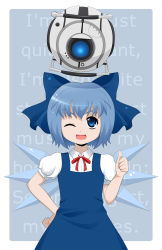 Rule 34 | 1girl, blue eyes, blue hair, bow, cirno, crossover, dress, english text, hair bow, hand on own hip, highres, hip focus, matching hair/eyes, miss-it-girl, neck ribbon, one eye closed, open mouth, portal, portal (series), portal 1, portal 2, ribbon, short hair, smile, solo, thumbs up, touhou, valve, wheatley, wings, wink