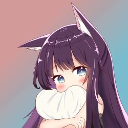 Rule 34 | 1girl, animal ear fluff, animal ears, black hair, black negligee, blue eyes, blush, city cat, covered mouth, fox ears, fox girl, gradient background, highres, lingerie, long hair, looking at viewer, negligee, hugging object, original, pillow, pillow hug, portrait, sleepwear, solo, underwear, upper body, very long hair