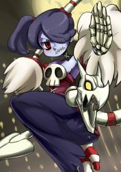 Rule 34 | 1girl, ayuayu (shouyu no sato), bare shoulders, black hair, blue skin, blush, bone, colored skin, detached collar, detached sleeves, dress, hair over one eye, leviathan (skullgirls), looking at viewer, midair, moon, purple hair, red eyes, side ponytail, skull, skullgirls, socks, squigly (skullgirls), stitched mouth, stitches, striped clothes, striped legwear, striped sleeves, striped socks, zombie