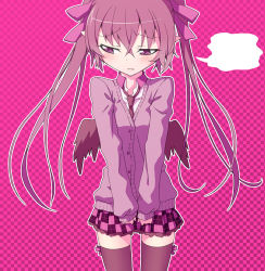 Rule 34 | 1girl, akakage red, black thighhighs, blush, brown hair, cardigan, checkered clothes, checkered skirt, embarrassed, hair ribbon, himekaidou hatate, purple eyes, red (artist), ribbon, skirt, solo, thighhighs, touhou, twintails, wings